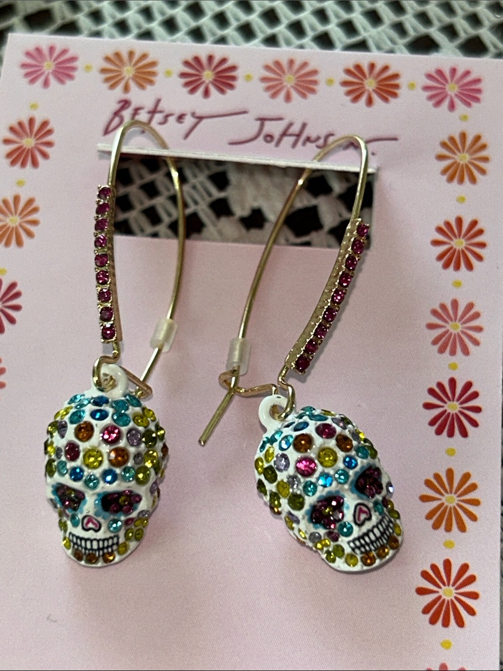 Betsey Johnson Gold Hoop Earrings with Multicolor Crystal Skull Charms